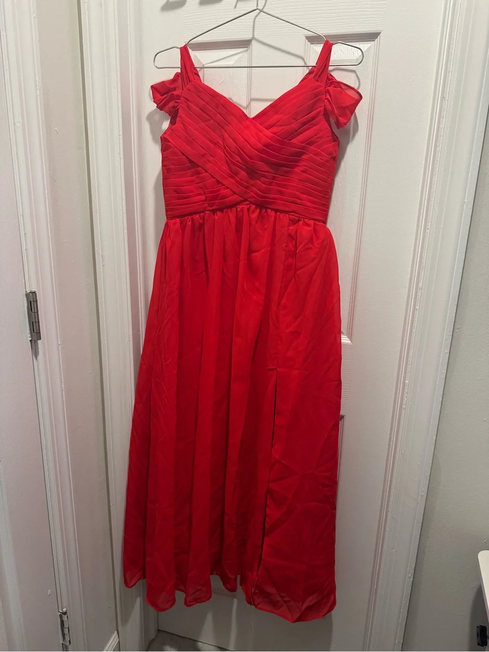 Red Off-Shoulder Evening Dress with Side Slit
